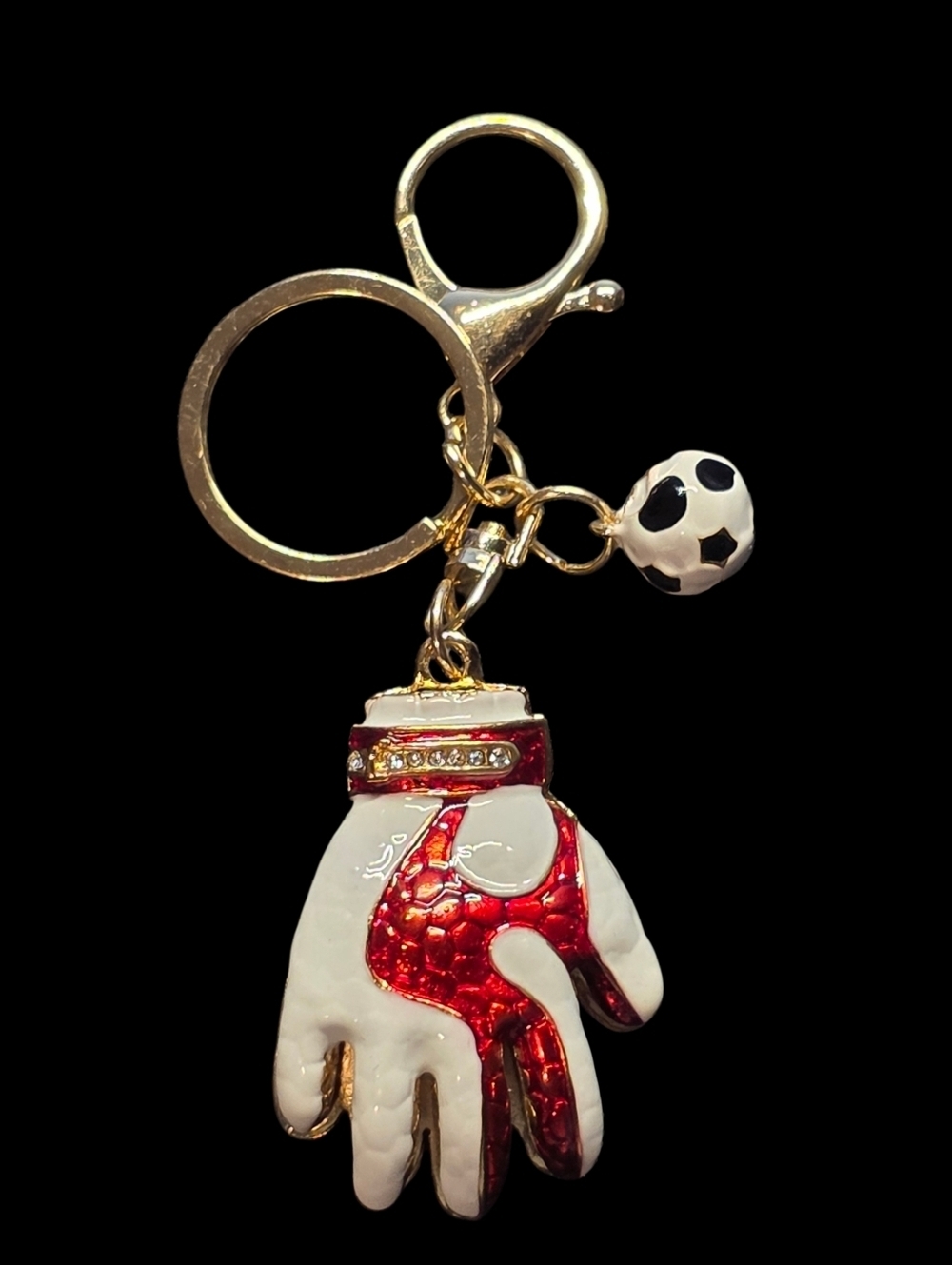 Red and White Goalie Glove Keychain with Soccer Charm